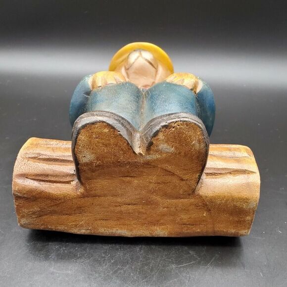 Honey Bear Beehive Dressed Sitting on Log Carved WOOD 8" Very NICE!!! Adorable! - Picture 6 of 12